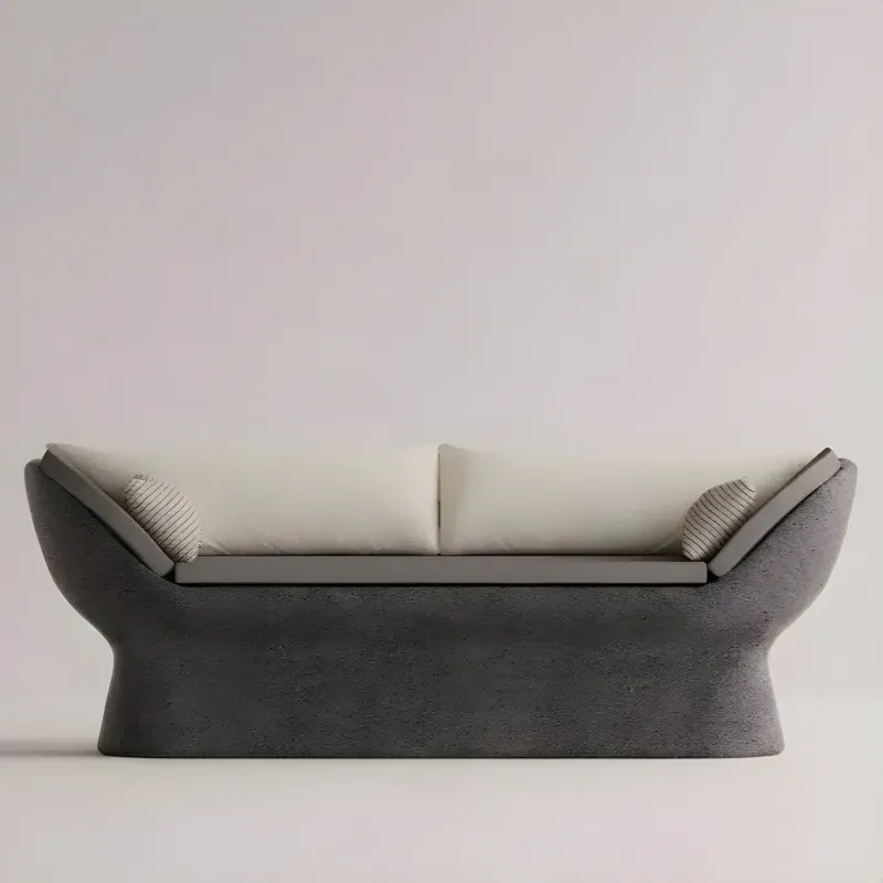 Luxury Charcoal Grey Concrete Sofa with Cream Upholstery - Outdoor Furniture Front View by Luxury Group International