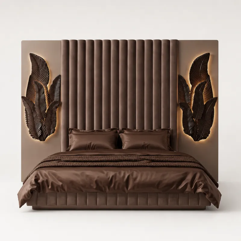 Luxury Chocolate Brown Bed with Illuminated Botanical Headboard - Luxury Bedroom Furniture Front View by Luxury Group International