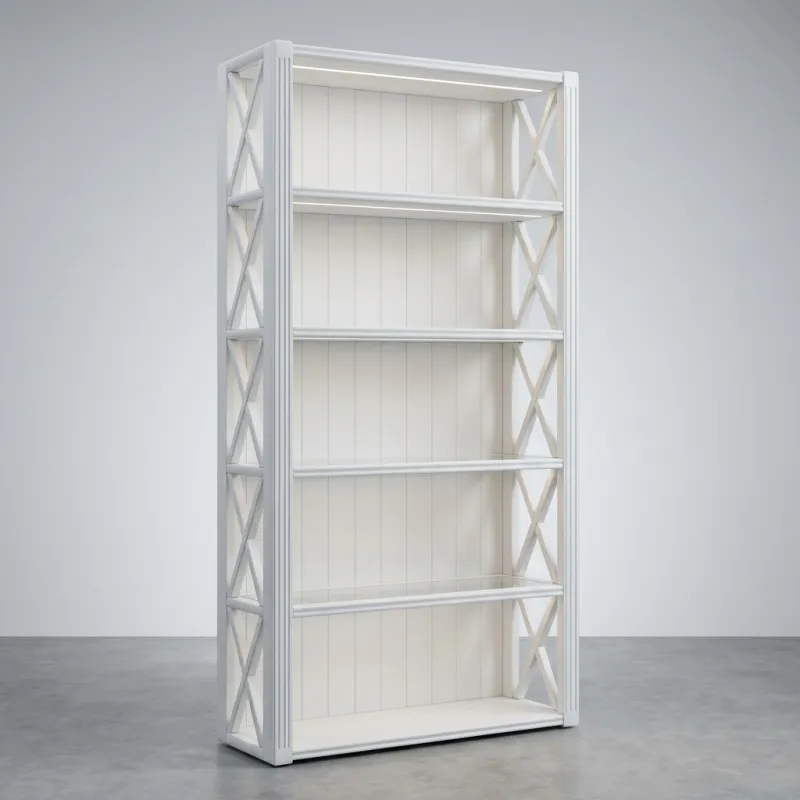 Luxuriöser Küsten-Weißer Bücherschrank mit Kreuzverstrebten Offenen Regalen und Dekorativem Display-Design Vorderansicht von Luxury Group International