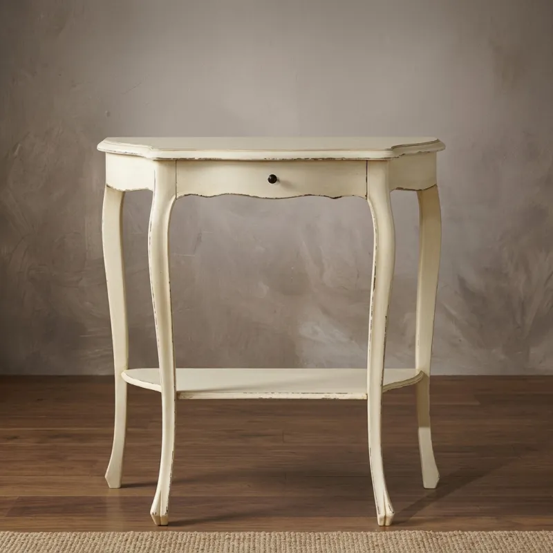 Luxury Console Table with Single Drawer & Lower Display Shelf in Distressed Ivory Finish Front View by Luxury Group International