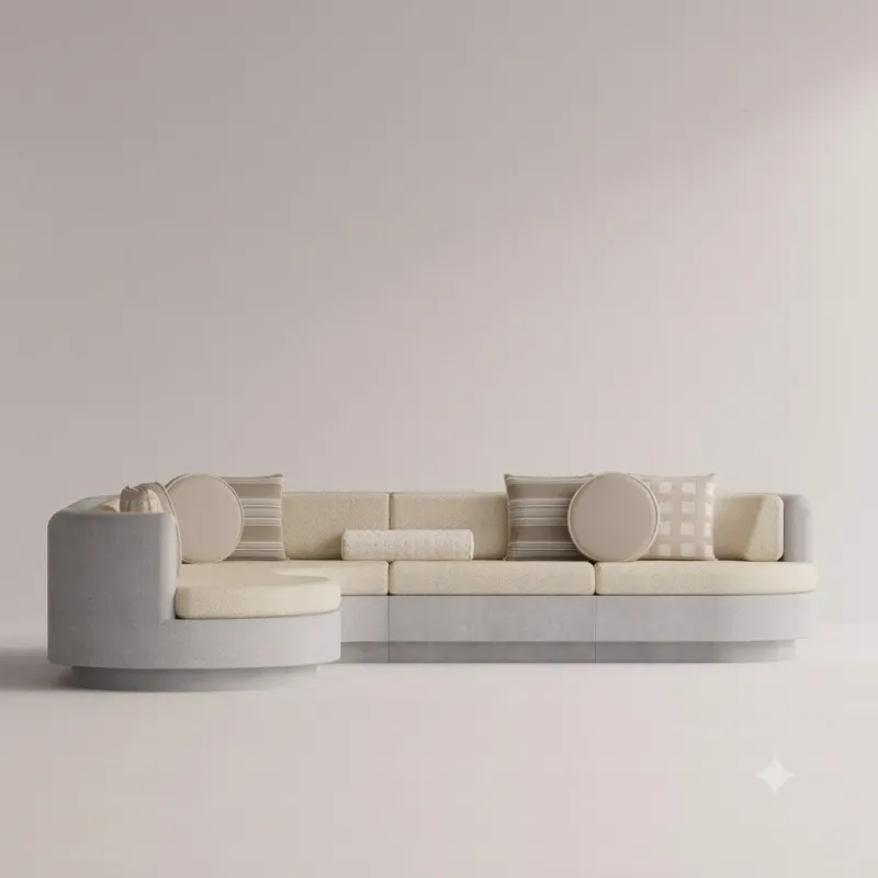 Luxury Contemporary Beige L-Shaped Sofa with Curved Chaise and Cream Cushions - Outdoor Furniture Front View by Luxury Group International