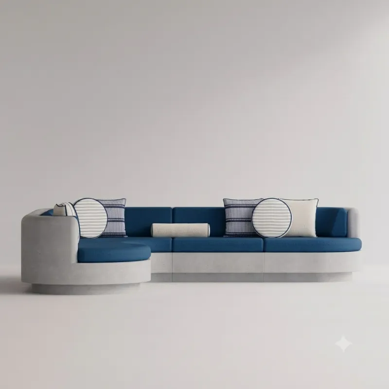 Luxury Contemporary Blue and White L-Shaped Sectional Sofa with Curved Chaise - Outdoor Furniture Front View by Luxury Group International