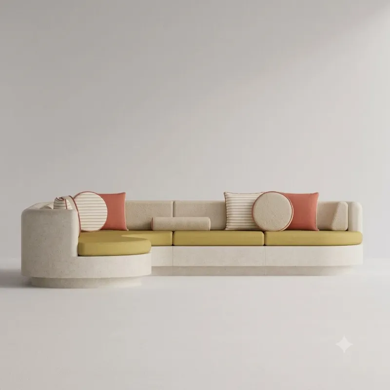 Luxury Contemporary Cream L-Shaped Sofa with Mustard Yellow Cushions - Outdoor Furniture Front View by Luxury Group International
