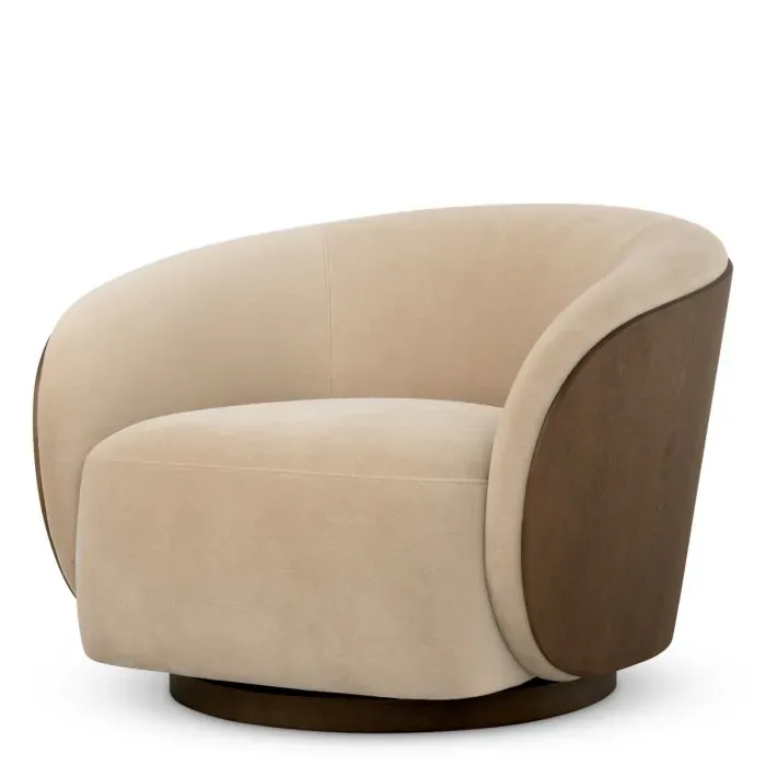Luxury Contemporary Curved Beige Upholstered Lounge Chair with Wooden Back Front View by Luxury Group International