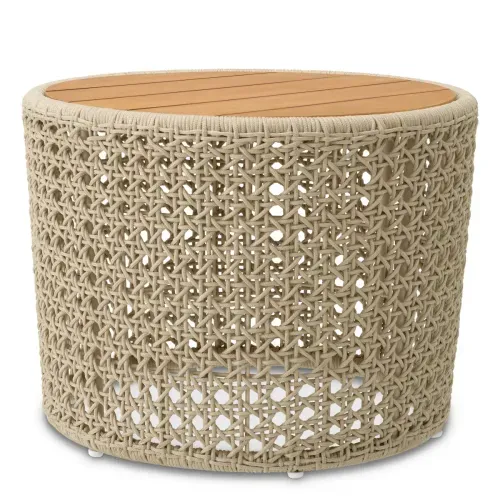 Luxury Cream Rope Natural Teak Outdoor Side Table Front View by Luxury Group International