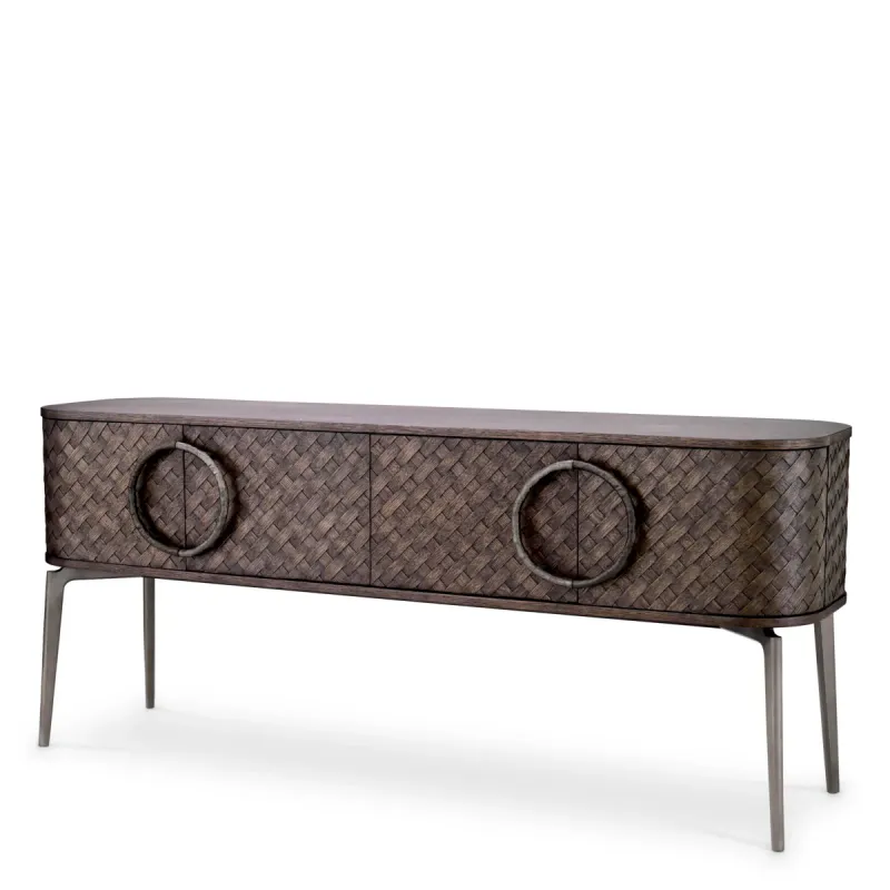 Luxuriöses dunkelbraunes Sideboard mit gewebter Front, runden Griffen & Metallbeinen – Luxus Hotelmöbel Vorderansicht von Luxury Group International