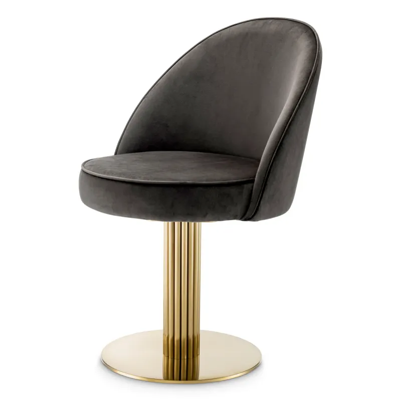 Luxury Dark Grey Velvet Dining Chair with Gold Pedestal Base and Curved Back - Luxury Dining Chair by Luxury Group International