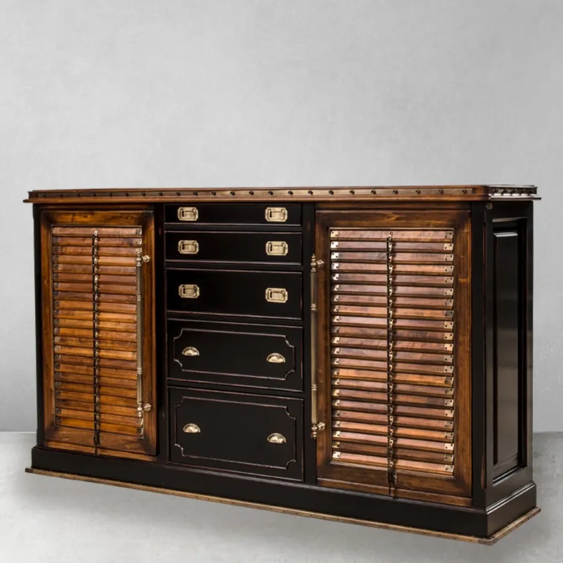 Luxus-Dunkelwalnuss-Holzsideboard mit zwei lamellierten Aufbewahrungsschränken & mehreren Schubladen Vorderansicht von Luxury Group International