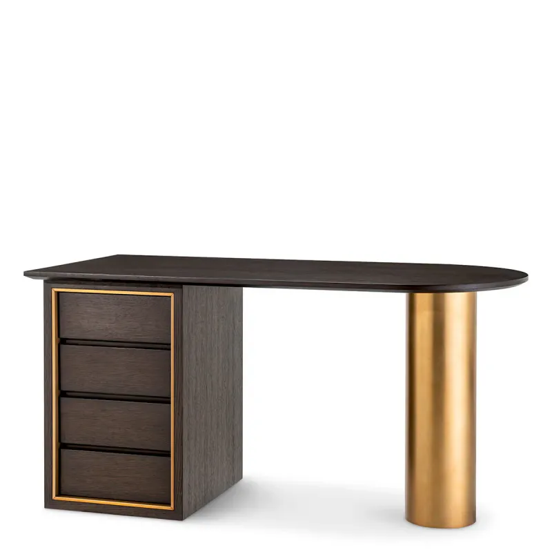 Luxus Executive-Schreibtisch aus dunklem Holz mit goldener Säule & Aufbewahrungsschubladen – Luxus Schreibtisch Vorderansicht von Luxury Group International