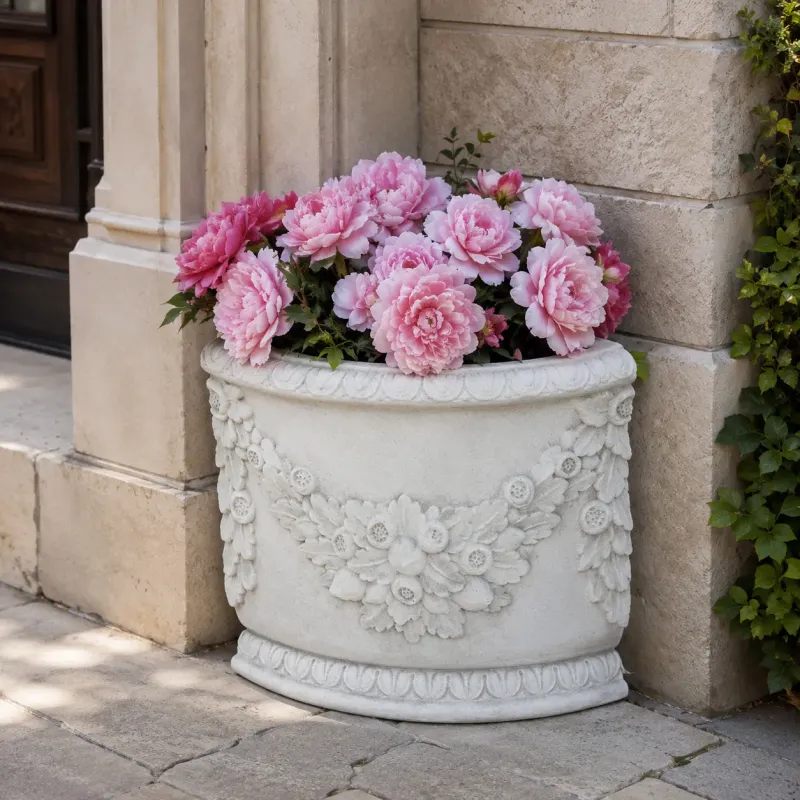 Luxury Decorative Corner Garden Planter with Sculptural Floral Relief Design Front View by Luxury Group International
