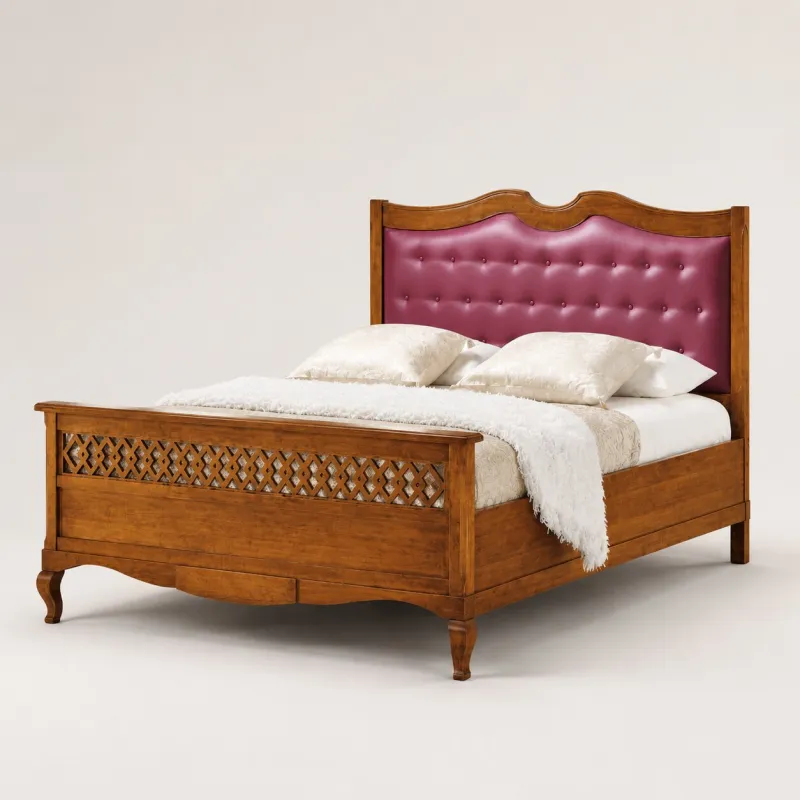 Luxury Designer Bed with Button-Tufted Pink Faux Leather Headboard & Lattice Footboard Front View by Luxury Group International