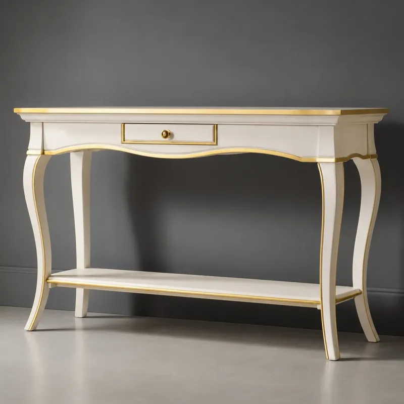 Luxury Designer Ivory Console Table in Gold Accent Finish with Integrated Drawer & Lower Display Shelf Front View by Luxury Group International