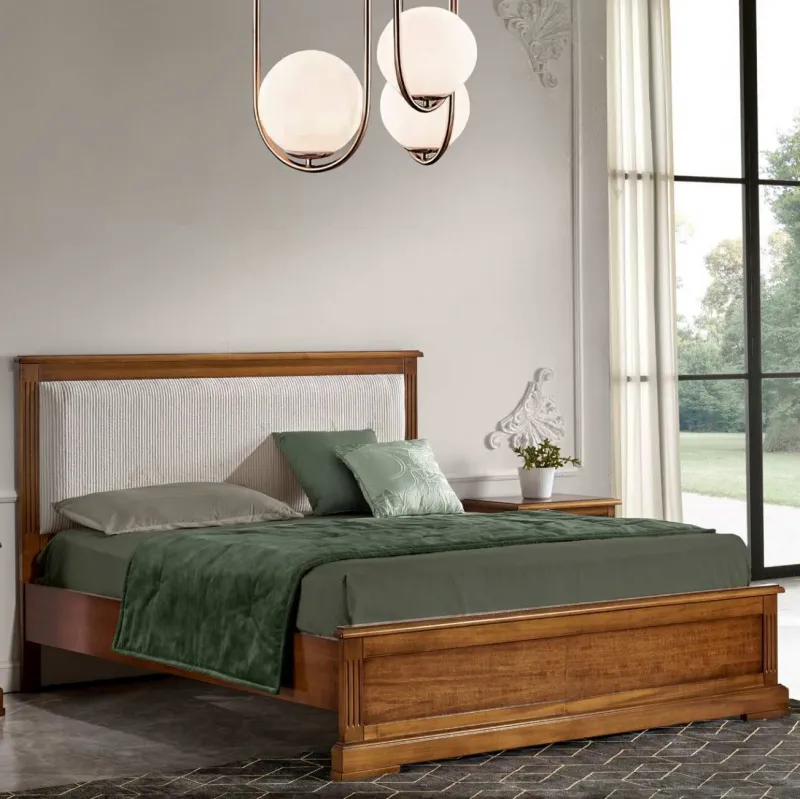 Luxury Designer Wooden Bed with White Upholstered Headboard Front View by Luxury Group International