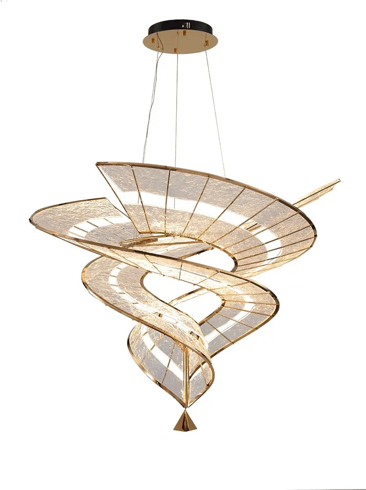 Luxury Elegant Spiral Chandelier in Champagne Gold Metal with Ribbon Frame Front View by Luxury Group International