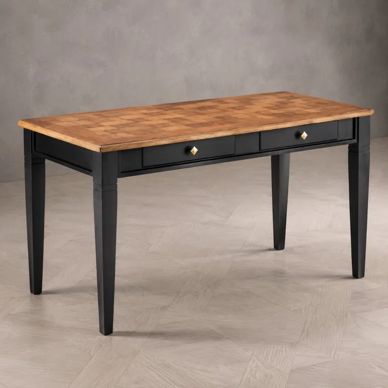 Escritorio Ejecutivo de Lujo con Tapa de Madera Natural, Base Negra y Almacenamiento de Doble Cajón Vista frontal por Luxury Group International