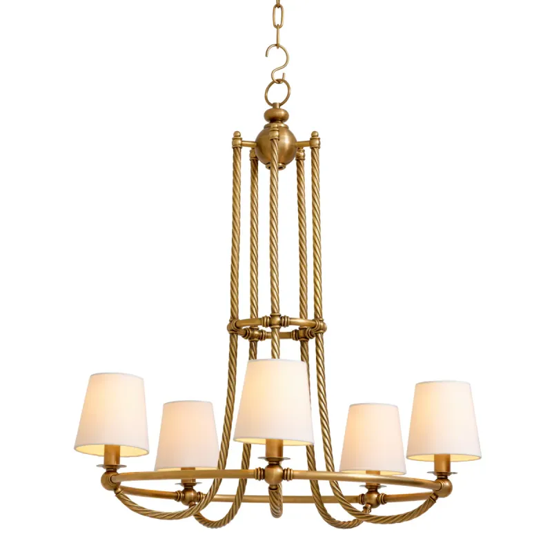 Lussuoso lampadario a cinque luci dorato con struttura intrecciata e paralumi in tessuto - Arredamento per hotel di lusso Vista frontale di Luxury Group International