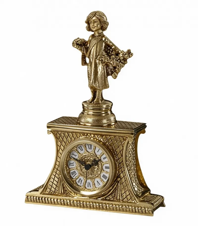 Luxury Floral Maiden Bronze Table Clock with Dual Bouquet Finial - Royal Home Accessories Front View by Luxury Group International