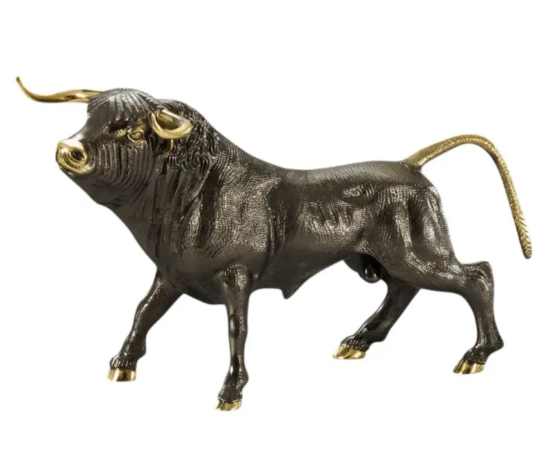 Luxury Freestanding Bull Bronze Sculpture with Golden Accents Front View by Luxury Group International