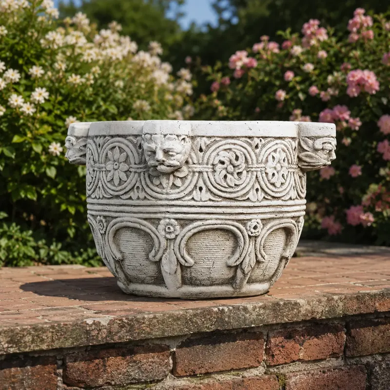 Luxury Garden Planter with Ornamental Scroll Relief and Lion Detail Accents Front View by Luxury Group International