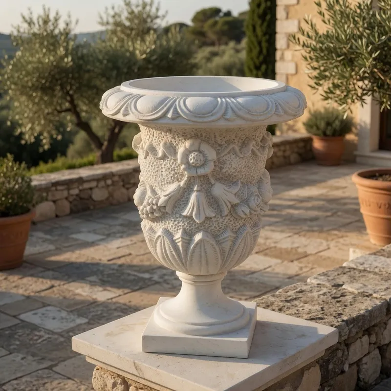 Jardinière de Jardin de Luxe en Urne avec Guirlande Drapée et Relief Rosace Florale - Jardinières de Luxe Vue de face par Luxury Group International