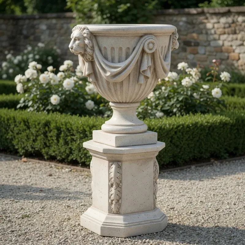 Jardinera de Urna de Lujo con Máscaras de Cabeza de León y Relieve de Guirnalda Drapeada - Maceteros de Lujo Vista frontal por Luxury Group International