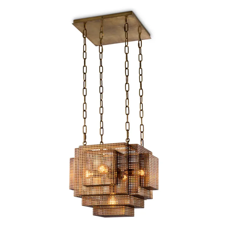 Luxury Geometric Ceiling Light in Antique Gold Brass Finish with Grid Cage Glow by Luxury Group International
