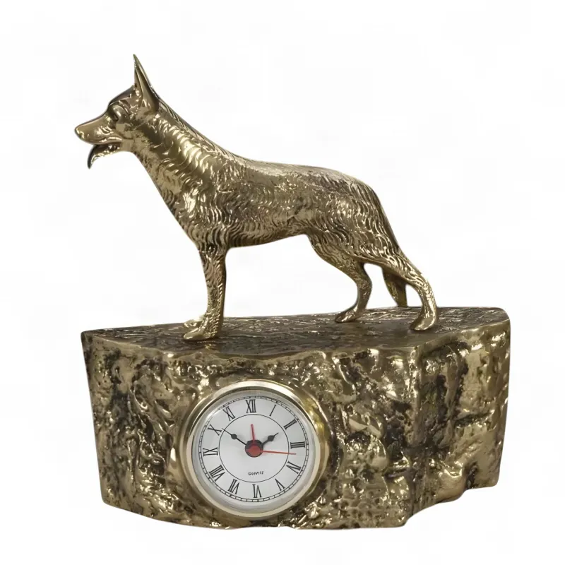 Luxury German Shepherd Bronze Alarm Clock with Textured Rock Base in Golden Finish Front View by Luxury Group International