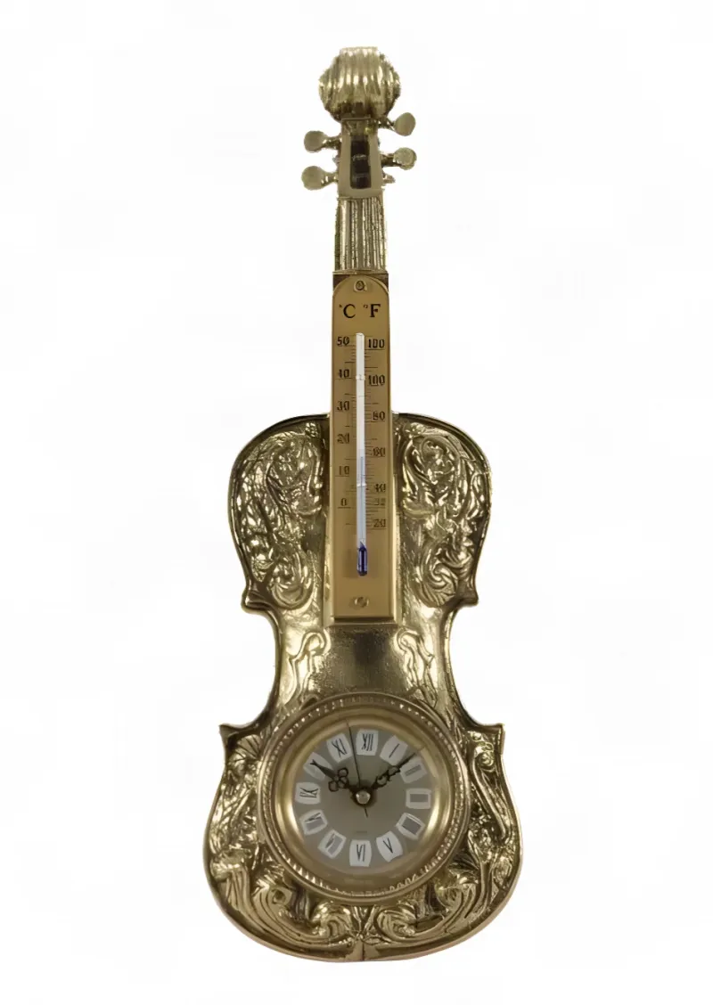 Luxury Golden Bronze Baroque Wall Clock with Guitar-Shaped Frame and Thermometer Front View by Luxury Group International