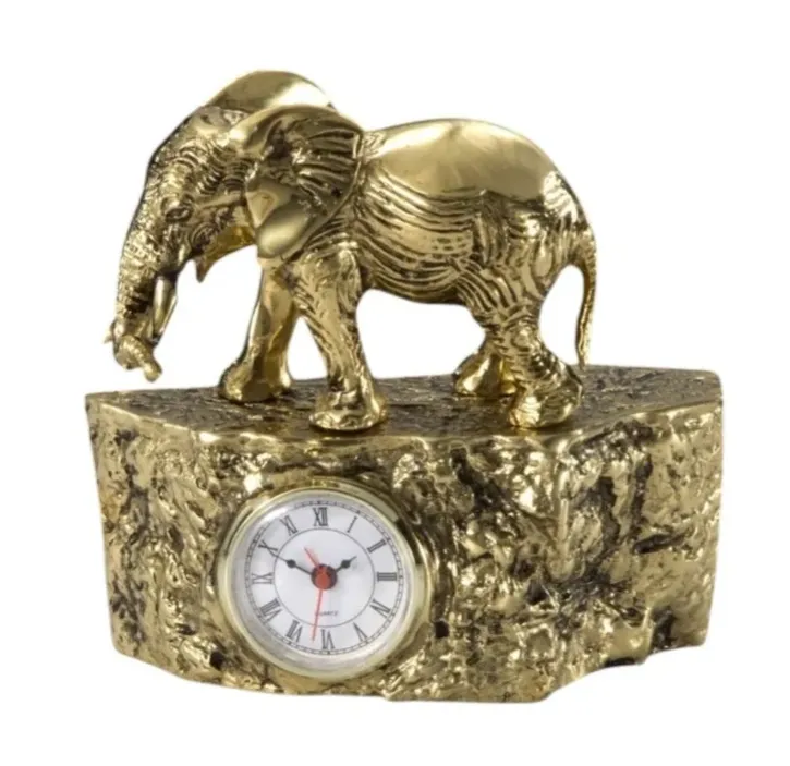 Luxury Golden Elephant Bronze Alarm Clock with Textured Base - Luxury Bronze Sculpture Front View by Luxury Group International