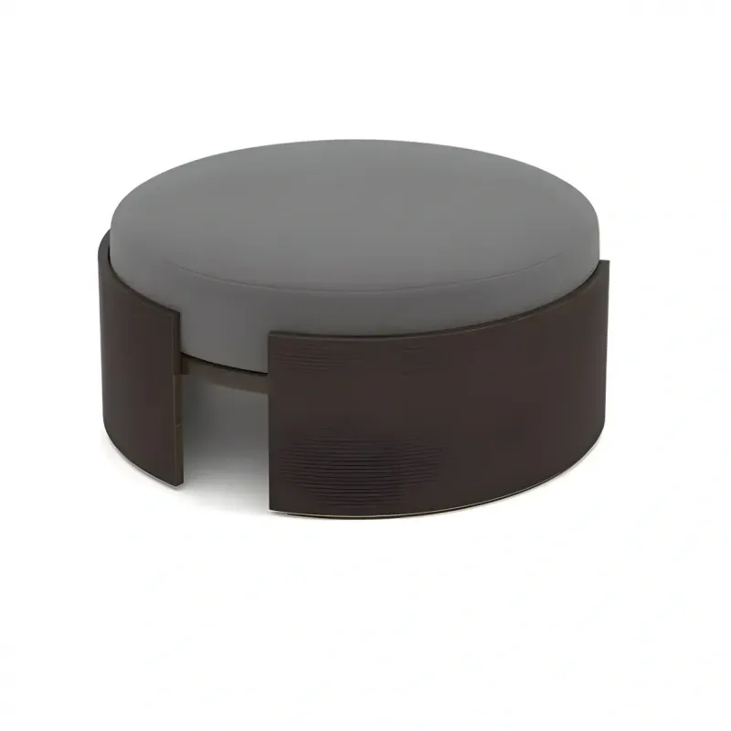 Luxury Grey Upholstered Stool with Dark Brown Wooden Base - Ø90 Front View by Luxury Group International