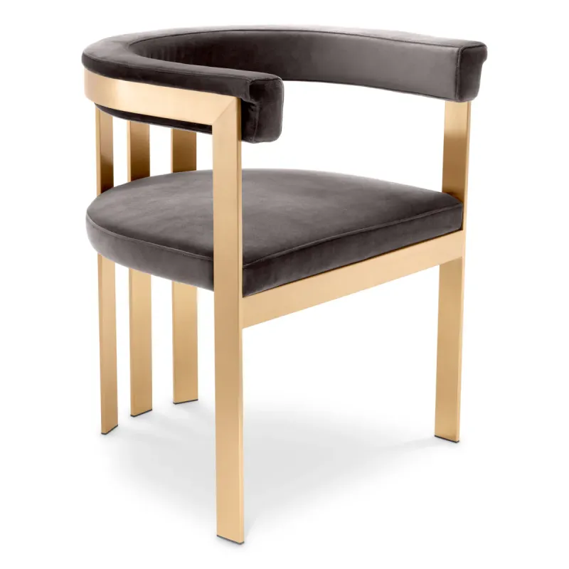 Luxury Grey Velvet Dining Chair with Curved Backrest and Golden Metal Frame Front View by Luxury Group International