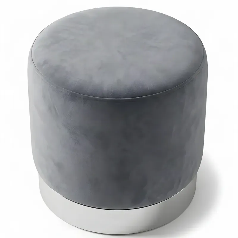Luxury Grey Velvet Round Stool with Polished Silver Base - Luxury Stool Front View by Luxury Group International