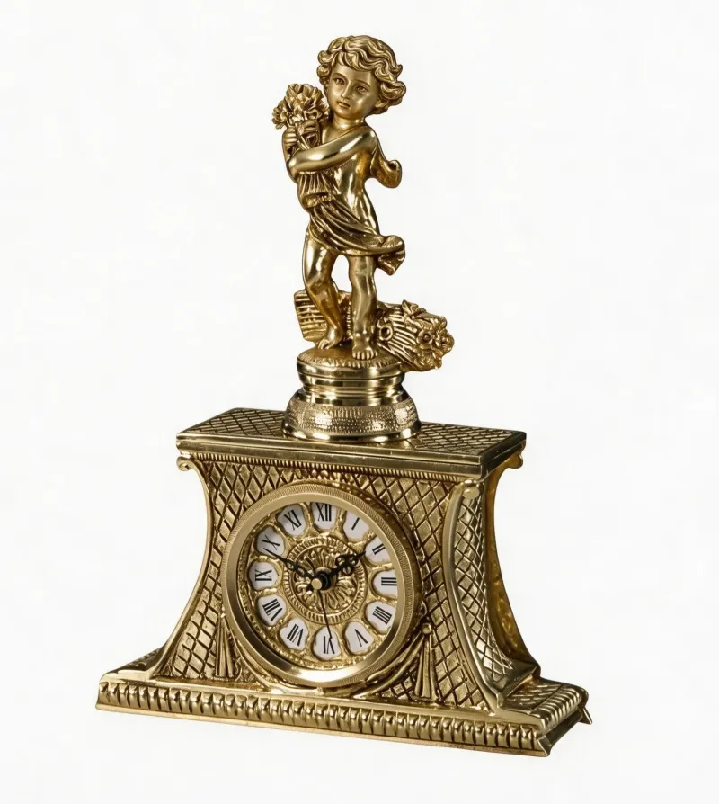 Luxury Harvest Boy Bronze Table Clock with Lattice Mantel Case - Royal Home Accessories Front View by Luxury Group International