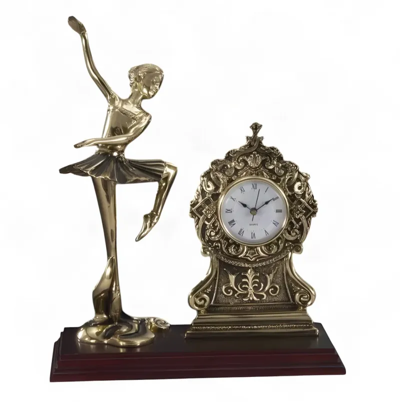 Luxury High-Pose Ballerina Bronze Table Clock with Ornate Dial on Wooden Base - Luxury Bronze Figure Front View by Luxury Group International
