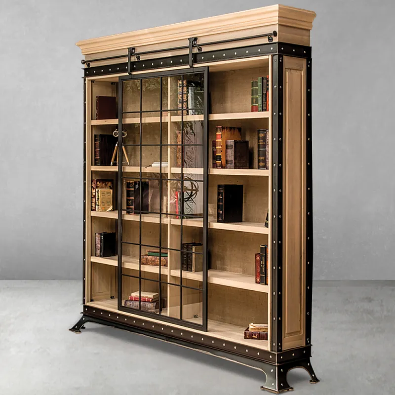 Vitrine Industrielle en Bois de Luxe avec Panneau Coulissant en Verre et Cadre Métallique Riveté Vue de face par Luxury Group International