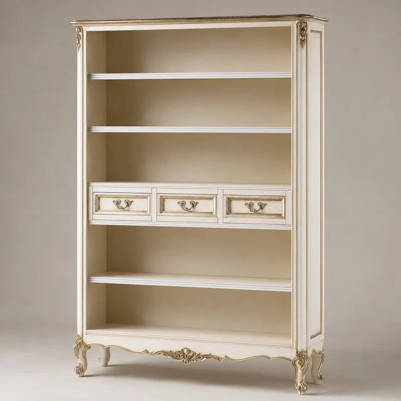 Luxury Ivory Baroque Shelve Cabinet with Ornate Cabriole Legs & Integrated 3-Drawers Storage Front View by Luxury Group International