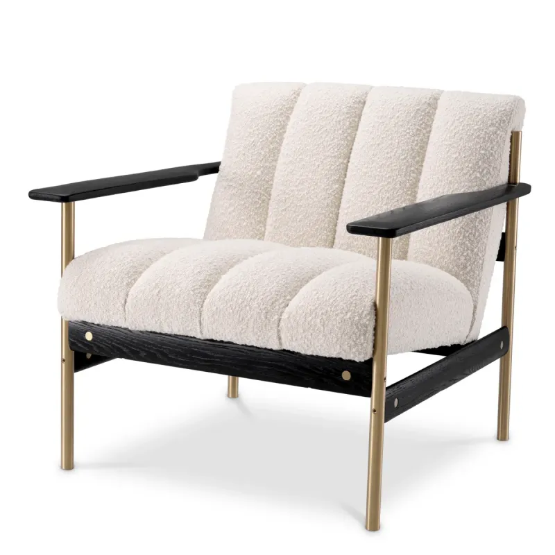 Luxury Ivory Channel-Tufted Armchair with Black Wood & Brass Frame - Luxury Hotel Furniture Front View by Luxury Group International