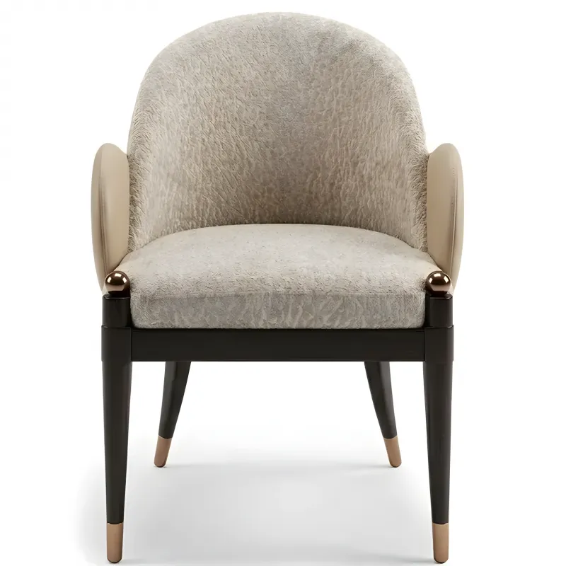 Luxury Ivory Upholstered Dining Chair with Arms and Bronze Accents-Luxury dining room furniture Front View by Luxury Group International