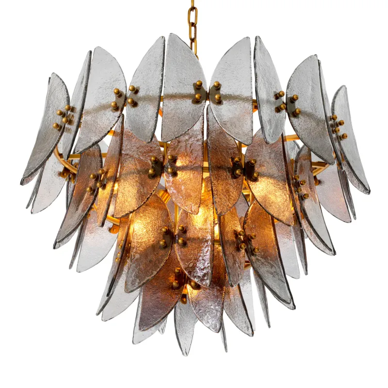 Lampadario di Cristallo con Design a Foglia di Lusso e Struttura Dorata - Lampada a Sospensione Vista frontale di Luxury Group International