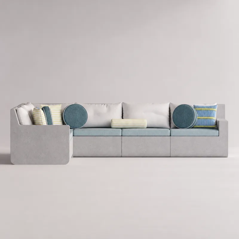 Divano da Esterno a L di Lusso in Cemento Grigio Chiaro con Cuscini Teal - Mobili di Lusso per Hotel Vista frontale di Luxury Group International