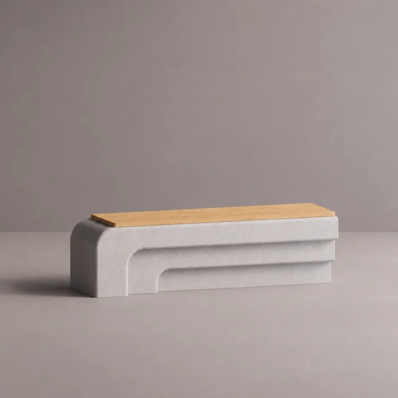 Luxury Light Grey Concrete Outdoor Bench with Natural Wood Seat - Luxury Hotel Furniture Front View by Luxury Group International