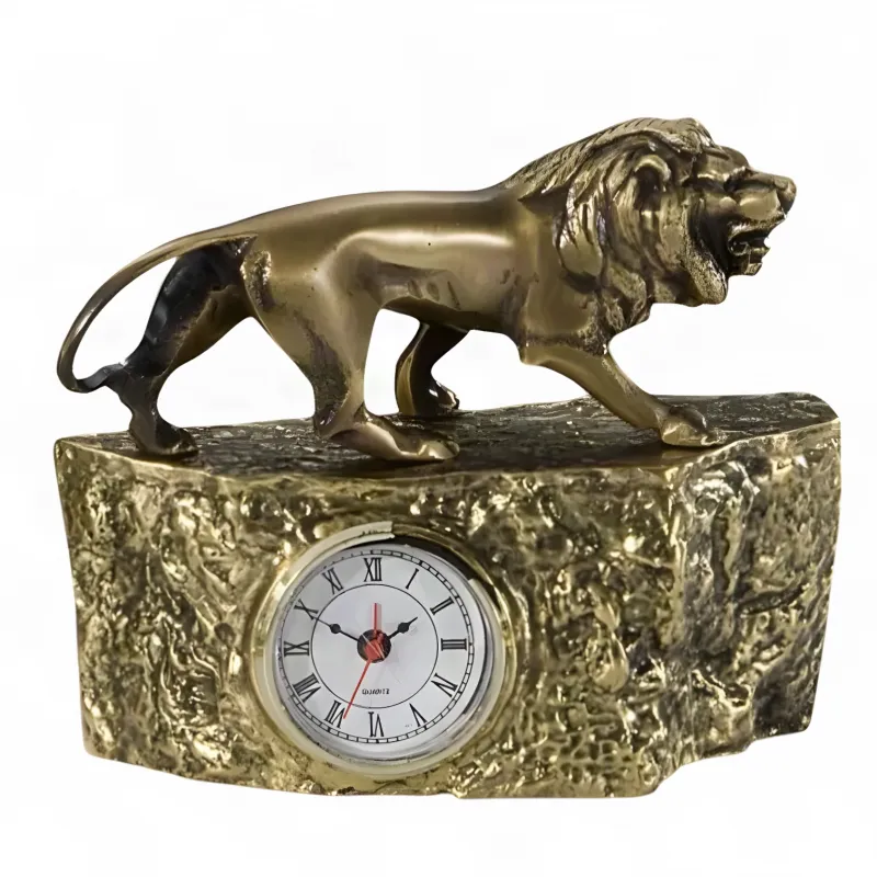 Luxury Lion Bronze Alarm Clock with Golden Textured Rock Base - Luxury Bronze Sculpture by Luxury Group International