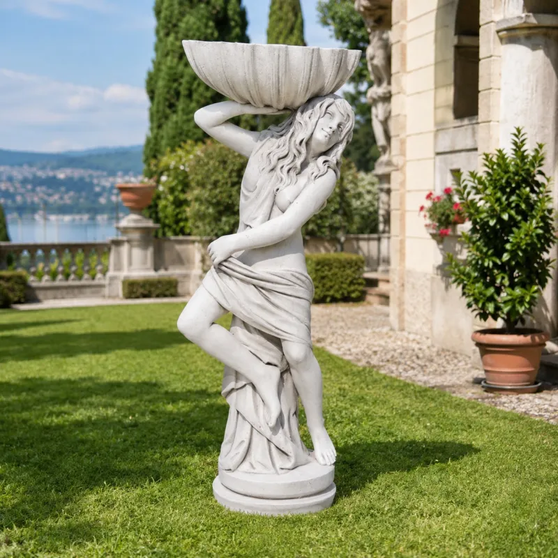 Luxury Maiden Garden Sculpture with Shell Basin and Flowing Drapery - Luxury Classic Sculpture Front View by Luxury Group International