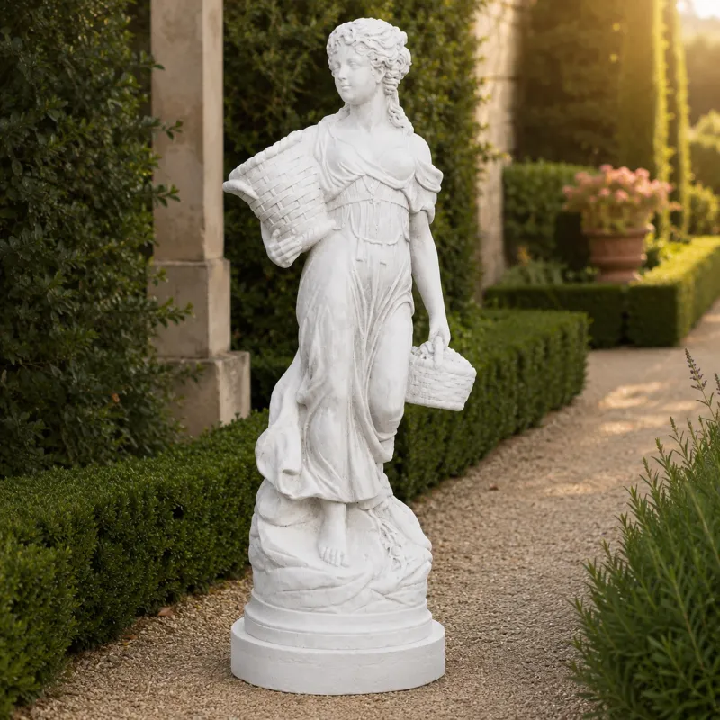 Luxury Marble Lady Garden Sculpture with Basket Ornament - Luxury Classic Sculpture Front View by Luxury Group International
