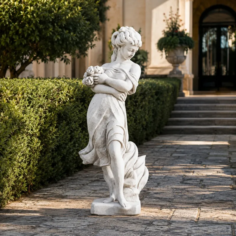Luxury Marble Lady Garden Sculpture with Floral Bouquet - Luxury Classic Sculpture Front View by Luxury Group International