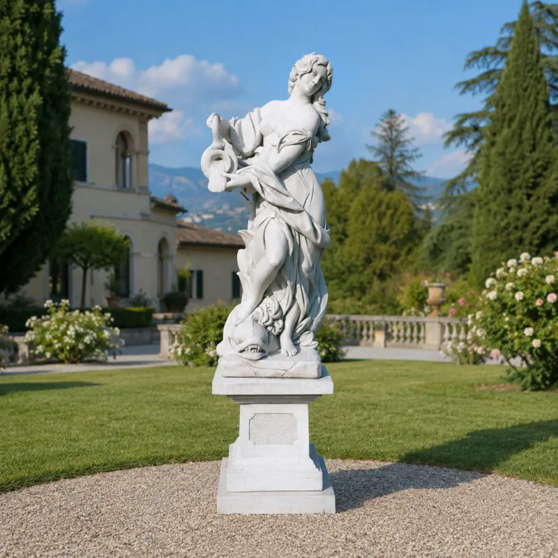 Luxury Marble Lady Garden Statue with Flowing Drapery Holding Water Vessel - Luxury Classic Sculpture Front View by Luxury Group International