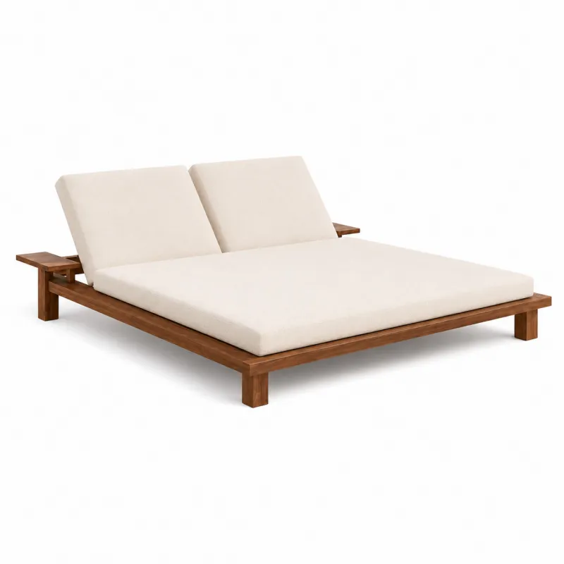 Luxus Doppel-Sonnenliege in Creme mit Doppelrückenlehnen & Holzrahmen von Luxury Group International