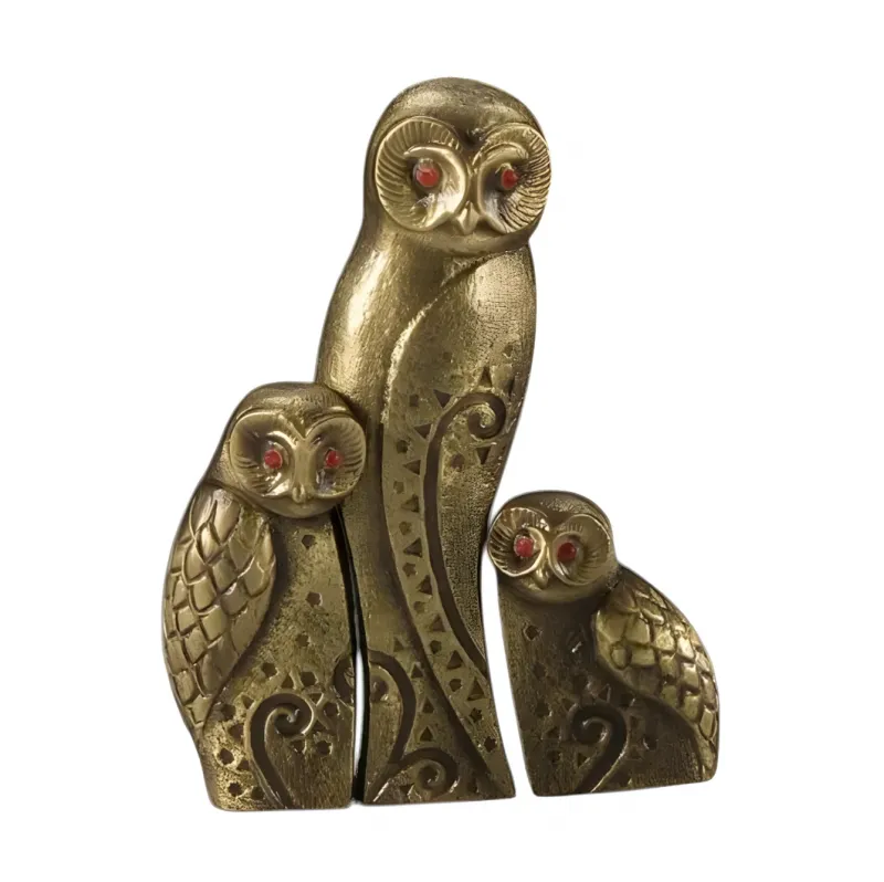 Luxury Modern Three-Owl Bronze Sculpture Set with Red Crystal Eyes - Luxury Bronze Figure by Luxury Group International