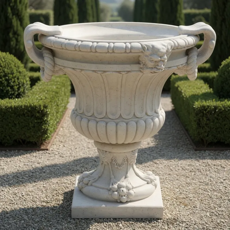Jardinera Monumental de Lujo en Forma de Urna con Máscaras de Cabeza de León y Asas en Espiral - Maceteros de Lujo Vista frontal por Luxury Group International
