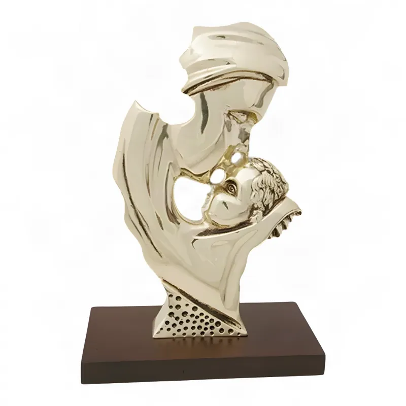 Luxury Mother and Child Bronze Sculpture in Golden Finish on Wooden Base - Luxury Bronze Figure Front View by Luxury Group International